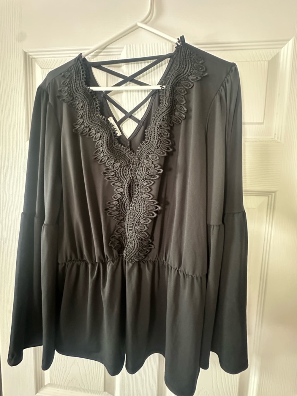 Maurices Black Lace-Trim Peplum Blouse with Crisscross Neck